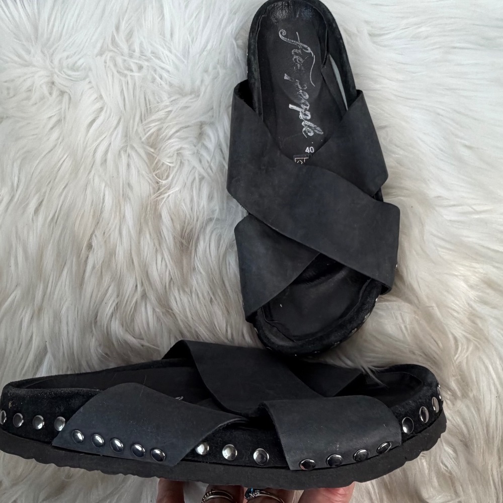 Free People Black Leather Studded Cross Strap Slide Sandals Size 40